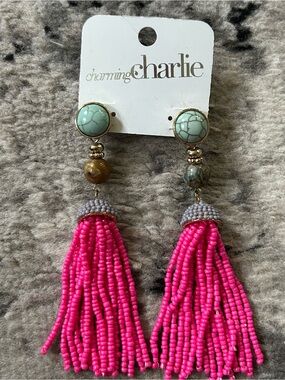 Charming Charlie Hot Pink Beaded Tassel Drop Earrings